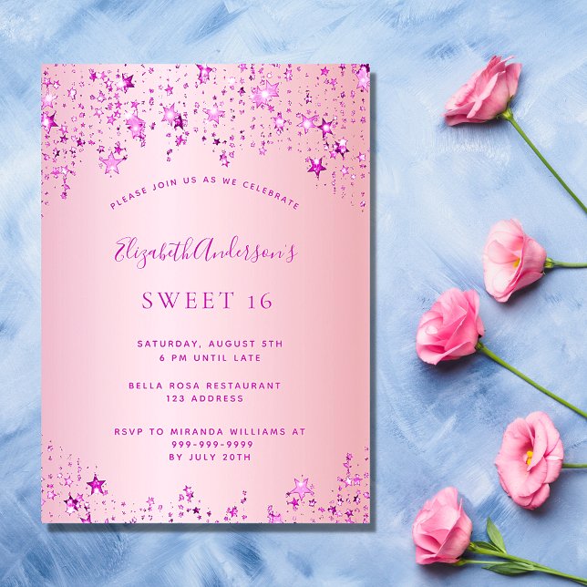 Invitation Sweet 16 anniversaire fête rose étoiles luxe (Créateur téléchargé)