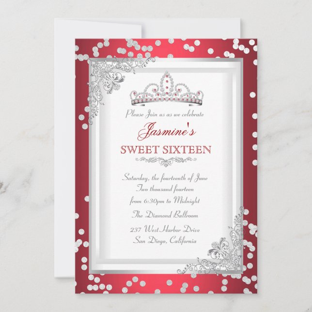 Invitation Sweet 16 Anniversaire Fête Rouge Argent Blanc Tiar (Devant)