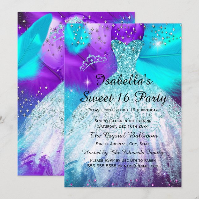 Invitation Sweet 16 Anniversaire Fête Turquoise Ballons pourp (Devant / Derrière)