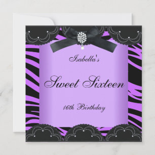 Invitation Sweet 16 Anniversaire fête violet noir Zèbre