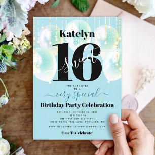 Invitation Sweet 16 Anniversaire Fille Glam Turquoise Ballons