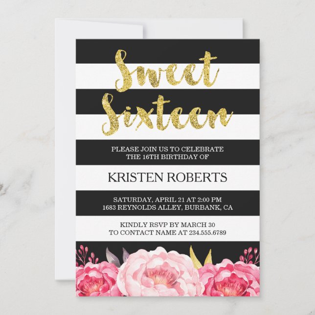 Invitation Sweet 16 Anniversaire Floral Or noir blanc rayures (Devant)