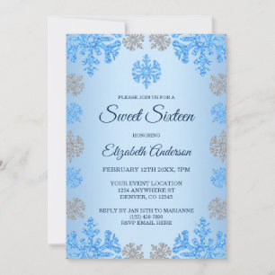 Invitation Sweet 16 Anniversaire Glace Bleu Argent Hiver Floc