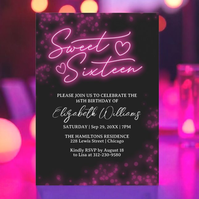 Invitation Sweet 16 Anniversaire Hot rose Neon Fête Foncé (Créateur téléchargé)