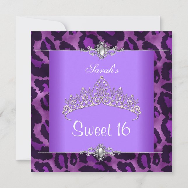Invitation Sweet 16 Anniversaire Léopard Violet Argent Tiara  (Devant)