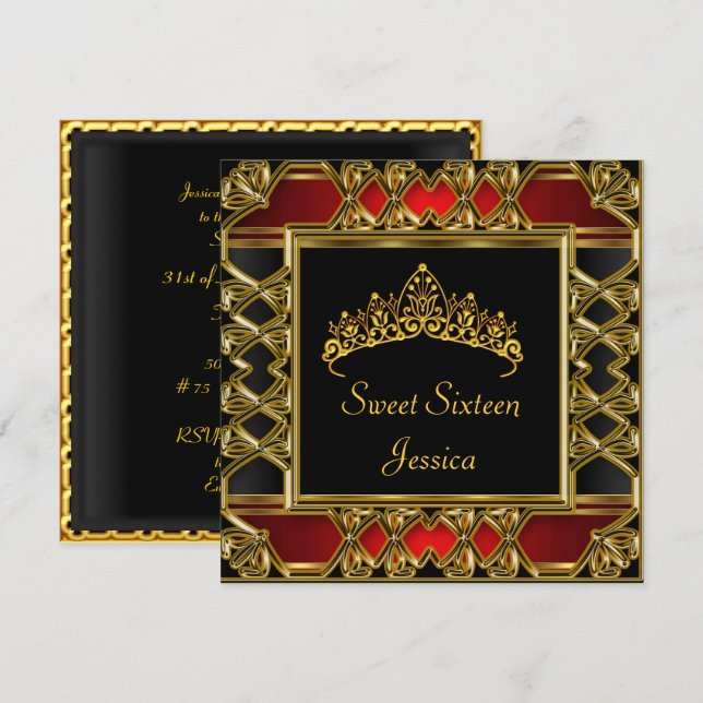 Invitation Sweet 16 Anniversaire Noir Rouge Or Tiara (Devant / Derrière)