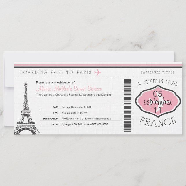 Invitation Sweet 16 Anniversaire Pass à Paris (Devant)