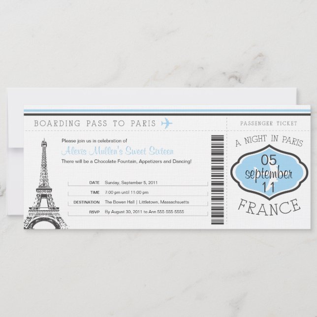 Invitation Sweet 16 Anniversaire Pass à Paris (Devant)