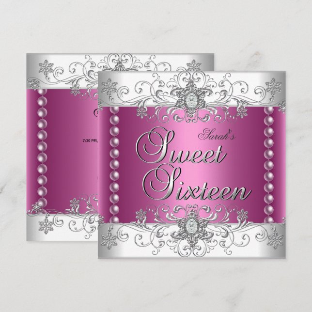 Invitation Sweet 16 Anniversaire Pink Pearl Diamant blanc (Devant / Derrière)