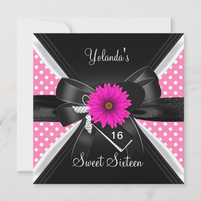 Invitation Sweet 16 Anniversaire Pot Pointe Polka Noir Blanc  (Devant)