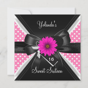 Invitation Sweet 16 Anniversaire Pot Pointe Polka Noir Blanc 