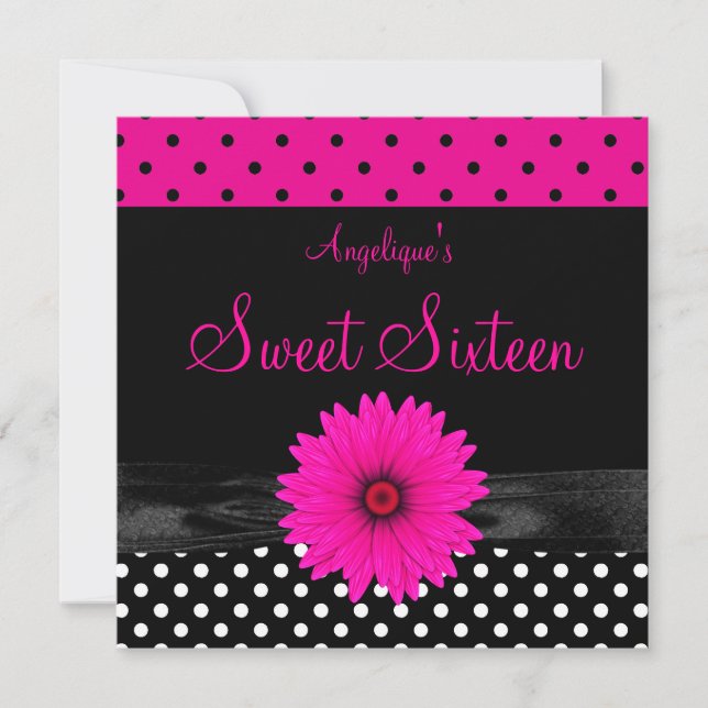Invitation Sweet 16 Anniversaire Pot Pointe Polka Noir Blanc  (Devant)