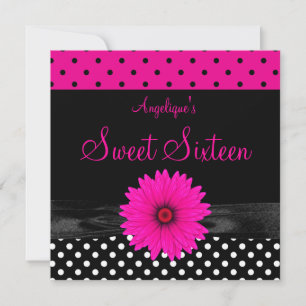 Invitation Sweet 16 Anniversaire Pot Pointe Polka Noir Blanc 