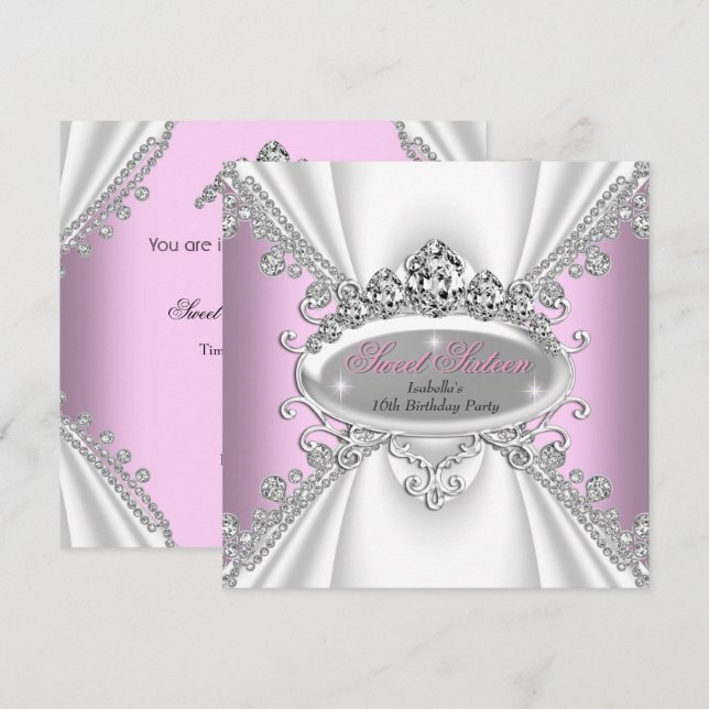 Invitation Sweet 16 Anniversaire Princesse Diamants Rose Tiar (Devant / Derrière)