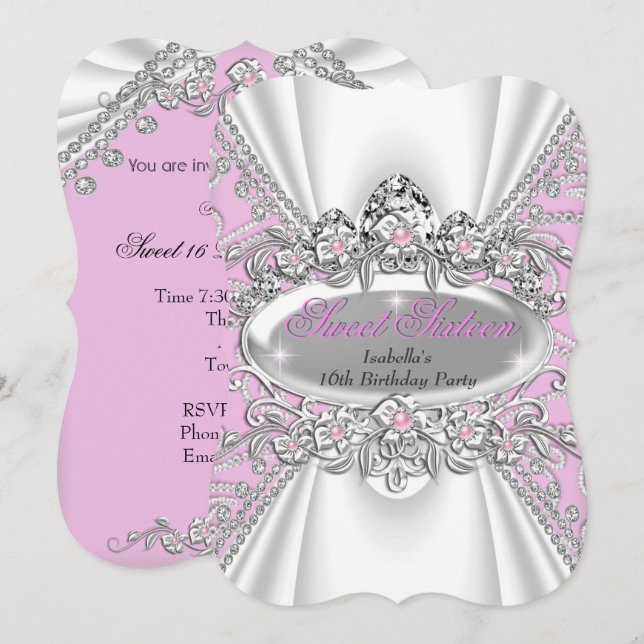 Invitation Sweet 16 Anniversaire Princesse Diamants Roses Tia (Devant / Derrière)
