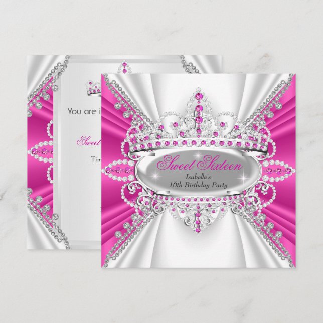 Invitation Sweet 16 Anniversaire Princesse Hot rose Diamants  (Devant / Derrière)