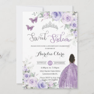 Invitation Sweet 16 Anniversaire Purple Floral Brown Princess