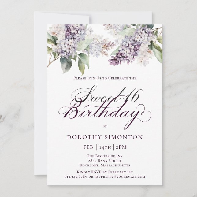 Invitation Sweet 16 Anniversaire Purple Spring Lilac Fleur (Devant)