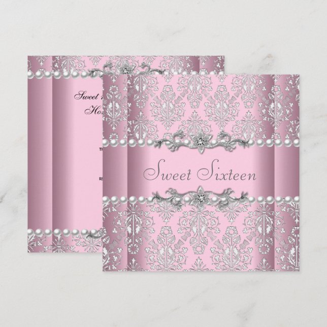 Invitation Sweet 16 Anniversaire rose argent blanc perle dent (Devant / Derrière)