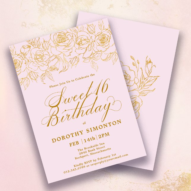 Invitation Sweet 16 Anniversaire Rose or Floral Blush rose (Créateur téléchargé)