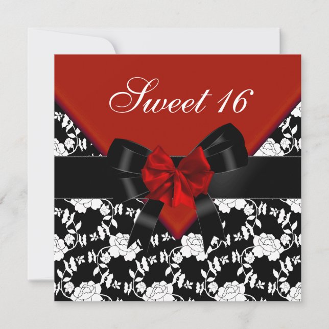 Invitation Sweet 16 Anniversaire Rouge Noir Blanc Floral Bow (Devant)