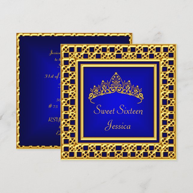 Invitation Sweet 16 Anniversaire Royal Blue Gold Silver Tiara (Devant / Derrière)