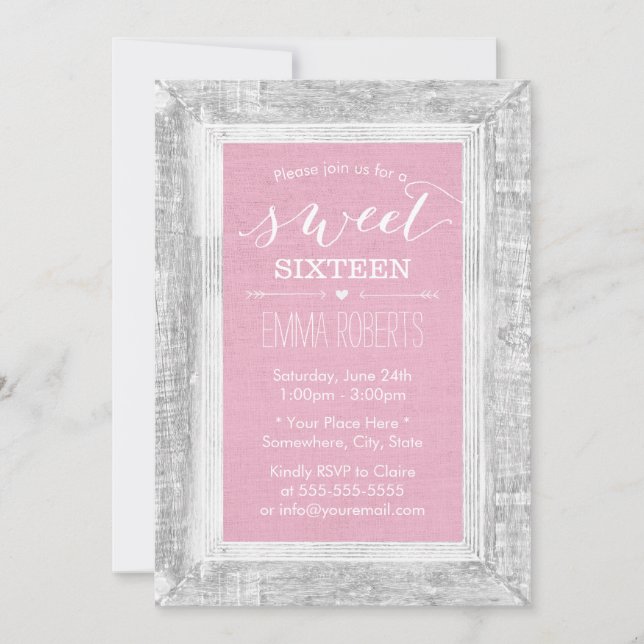 Invitation Sweet 16 Anniversaire Rustique Bois Cadre rose cla (Devant)