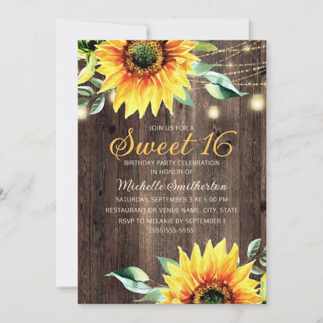 Invitation Sweet 16 Anniversaire Rustique Tournesols Lights (Devant)