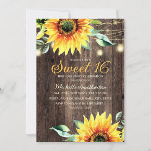 Invitation Sweet 16 Anniversaire Rustique Tournesols Lights