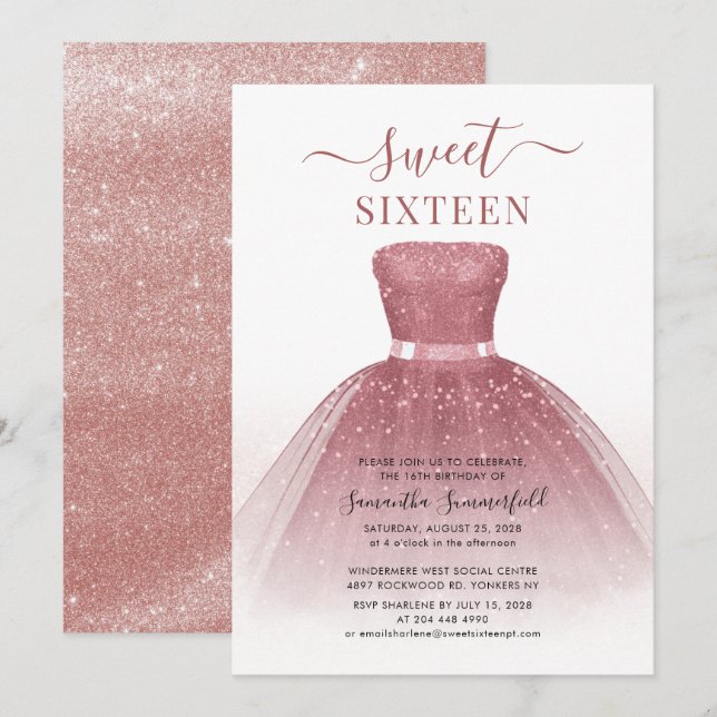 Invitation Sweet 16 Anniversaire Script Rose Gold fête d'anni (Devant / Derrière)