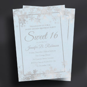 Invitation Sweet 16 Anniversaire Silver Ice Blue Foil Snowfla