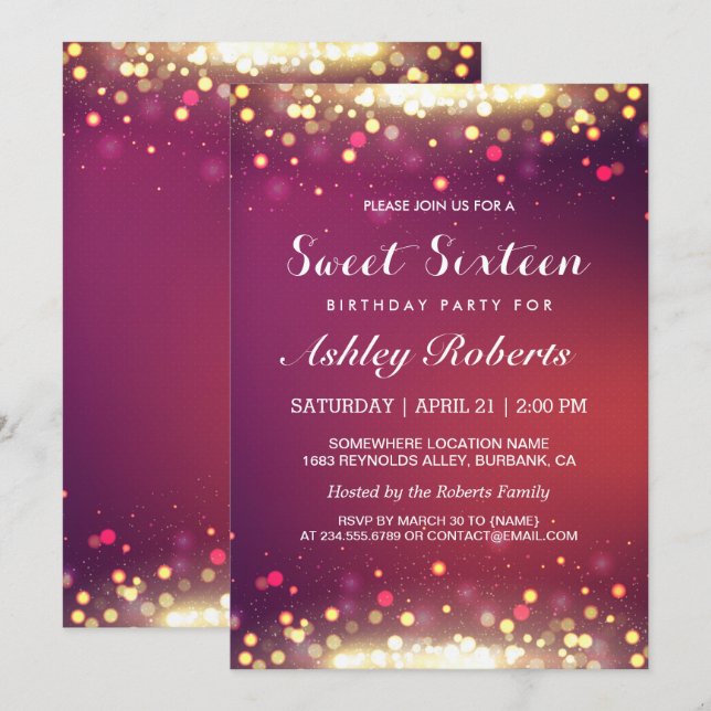 Invitation Sweet 16 Anniversaire Soeur Or Sparkles (Devant / Derrière)