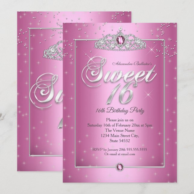 Invitation Sweet 16 Anniversaire Soirée Bonbons Rose Diamant  (Devant / Derrière)