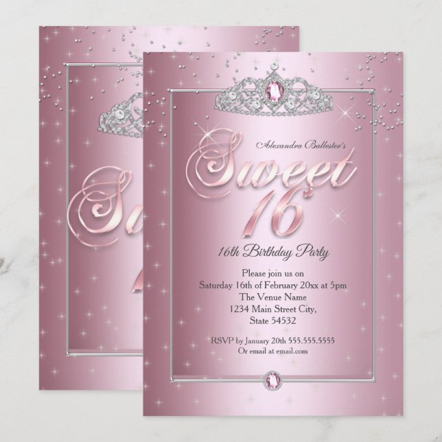 Invitation Sweet 16 Anniversaire Soirée Diamant Rose Silver T (Devant / Derrière)