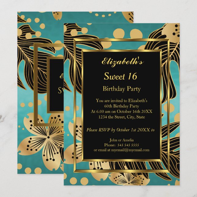 Invitation Sweet 16 Anniversaire Soirée Or Turquoise noir flo (Devant / Derrière)