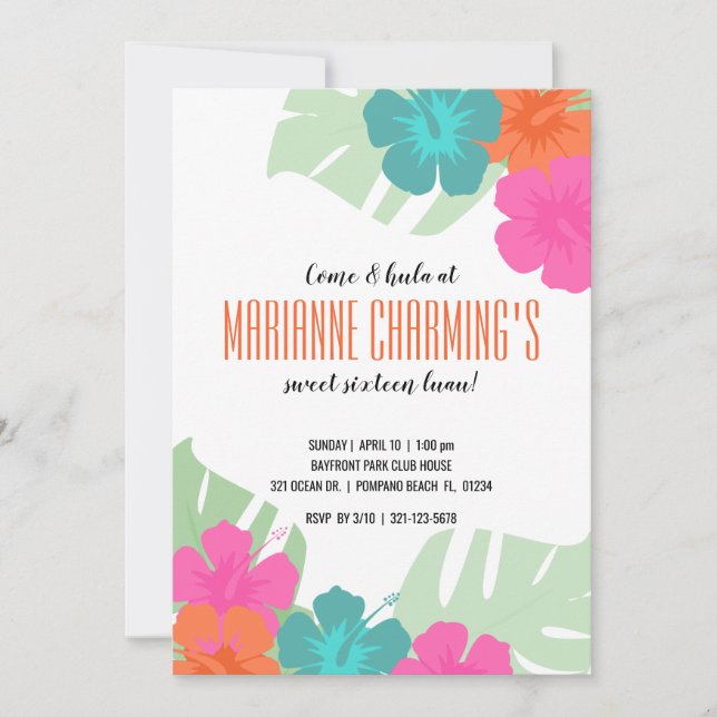Invitation SWEET 16 ANNIVERSAIRE tropical LUAU floral clair (Devant)