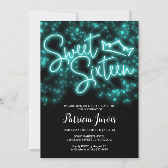 Invitation Sweet 16 Anniversaire Turquoise Neon Glow Dark Par (Devant)