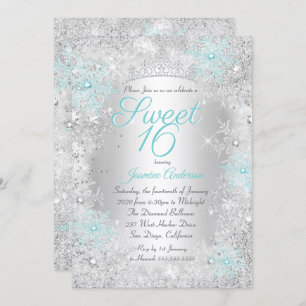 Invitation Sweet 16 Anniversaire Turquoise Silver Winter Wond