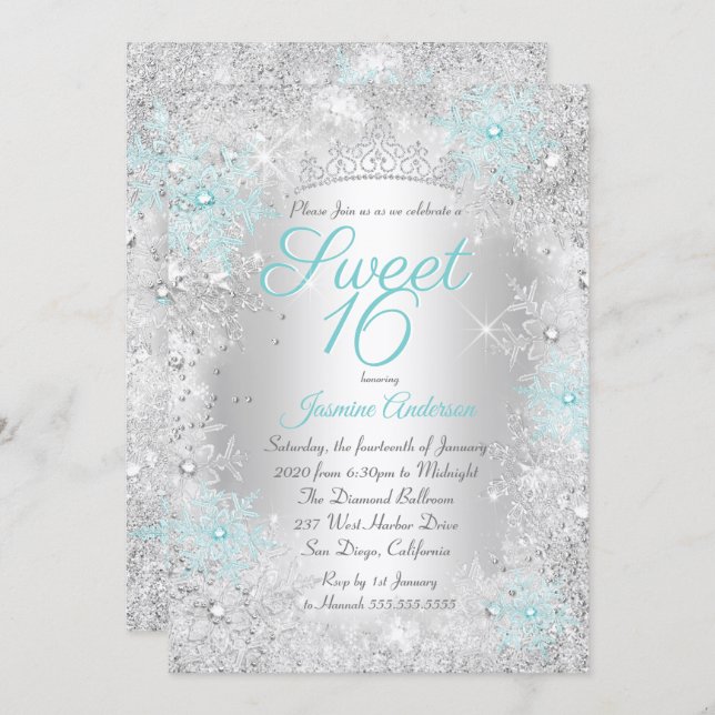 Invitation Sweet 16 Anniversaire Turquoise Silver Winter Wond (Devant / Derrière)