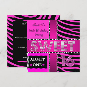 Invitation Sweet 16 Anniversaire Vache Zebra Hot rose Noir