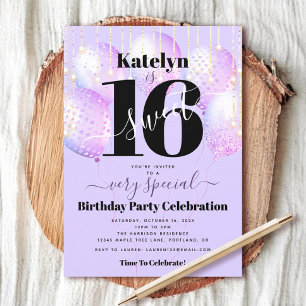 Invitation Sweet 16 Anniversaire violet Ballons Bold Moderne 
