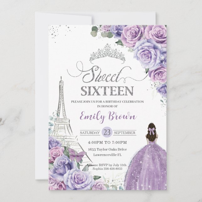 Invitation Sweet 16 Anniversaire Violet Floral Paris Tour Eif (Devant)