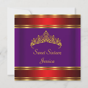Invitation Sweet 16 Anniversaire violet Rouge Or Tiara