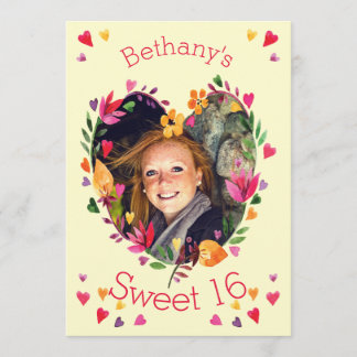 Invitation Sweet 16 Aquarelle Floral Heart Wreath Photo