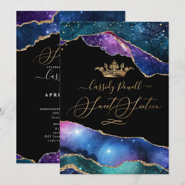 Invitation Sweet 16, Aquarelle Galaxy Agate Faux Gold  (Devant / Derrière)