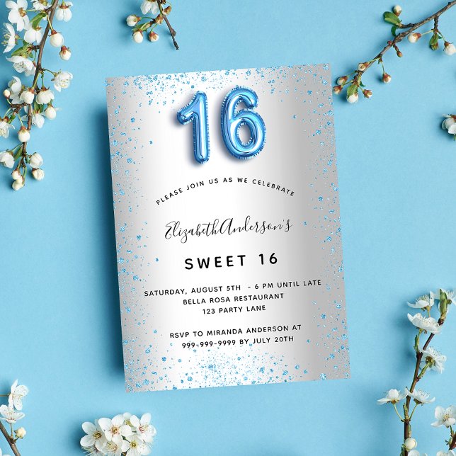 Invitation Sweet 16 argent bleu parties scintillant luxe (Créateur téléchargé)