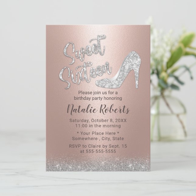 Invitation Sweet 16 Argent et Rose Parties scintillant or fil (Debout devant)