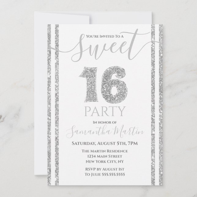 Invitation Sweet 16 Argent Faux Parties scintillant rayé Anni (Devant)