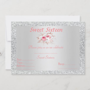 Invitation Sweet 16 argent rose pêche floral