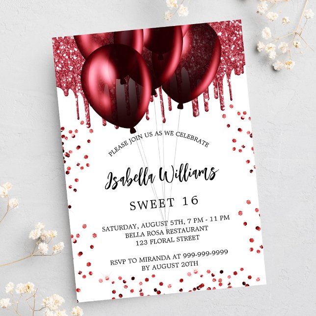 Invitation Sweet 16 ballons rouges blanc luxe (Créateur téléchargé)